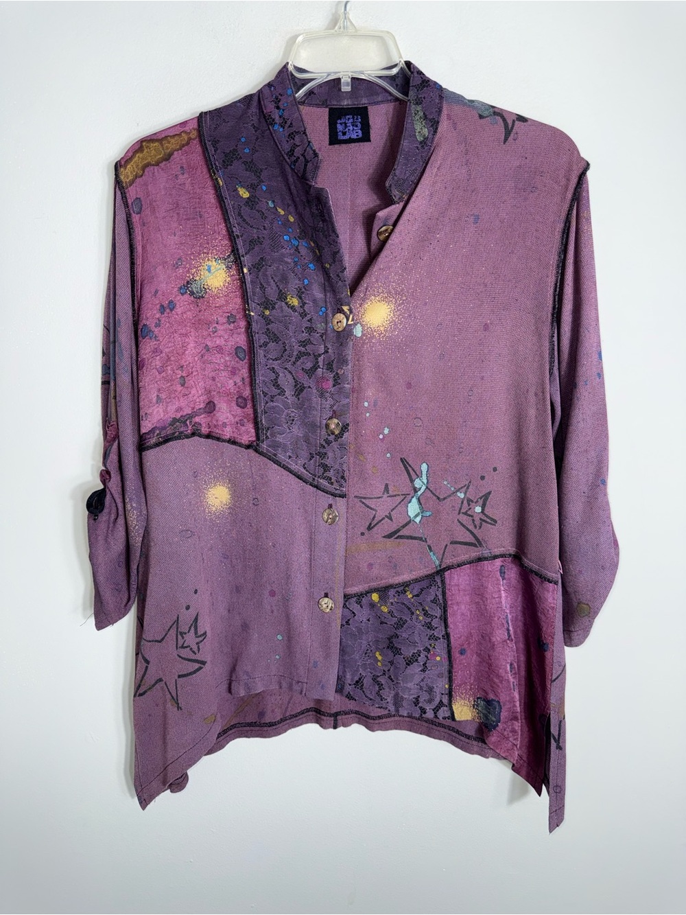 Art To Wear Patchwork Tunic Blouse-Purple-Stars Galaxy-Purple-Small